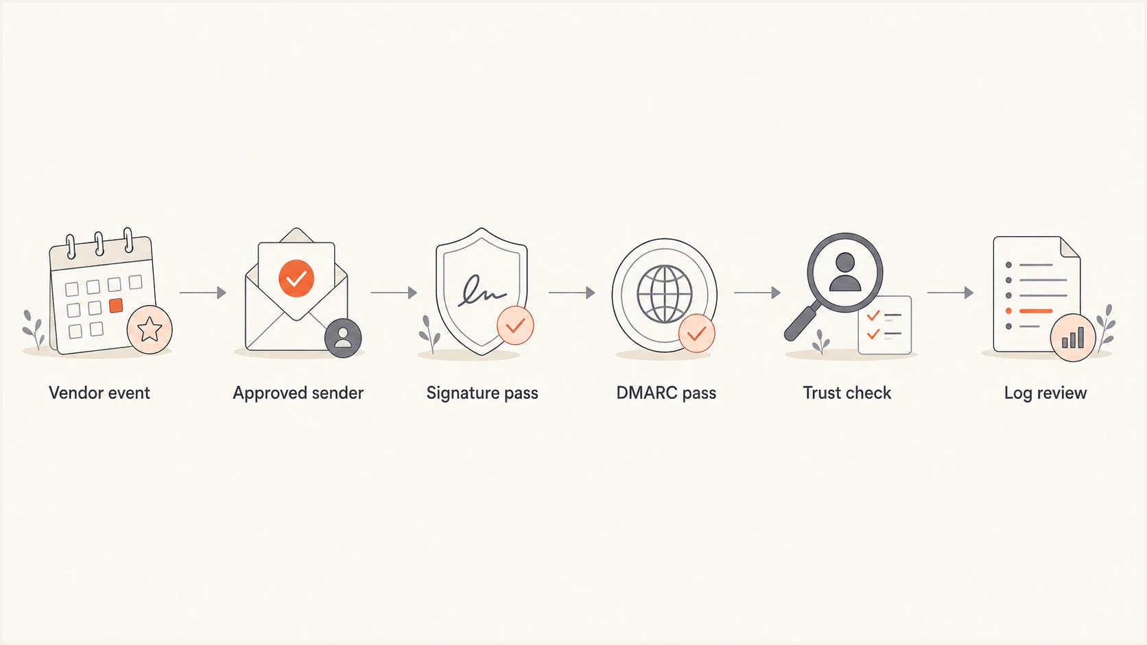 A flowchart showing that vendor email can pass DMARC before separate trust and log review.