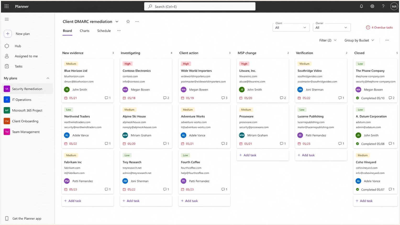 Microsoft Planner board with DMARC remediation tasks grouped by workflow state