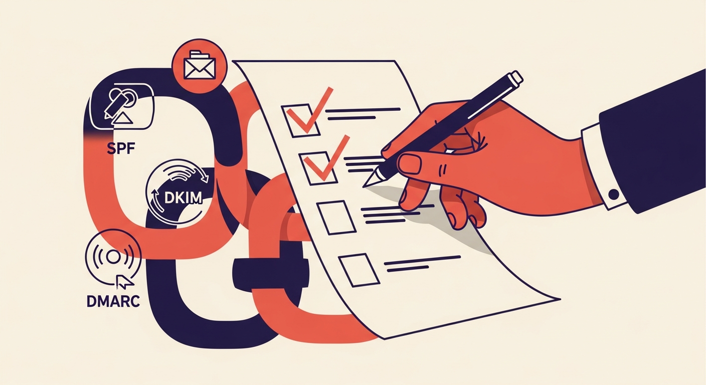 An illustration depicting a checklist for email authentication, with items being checked off for SPF, DKIM, and DMARC.
