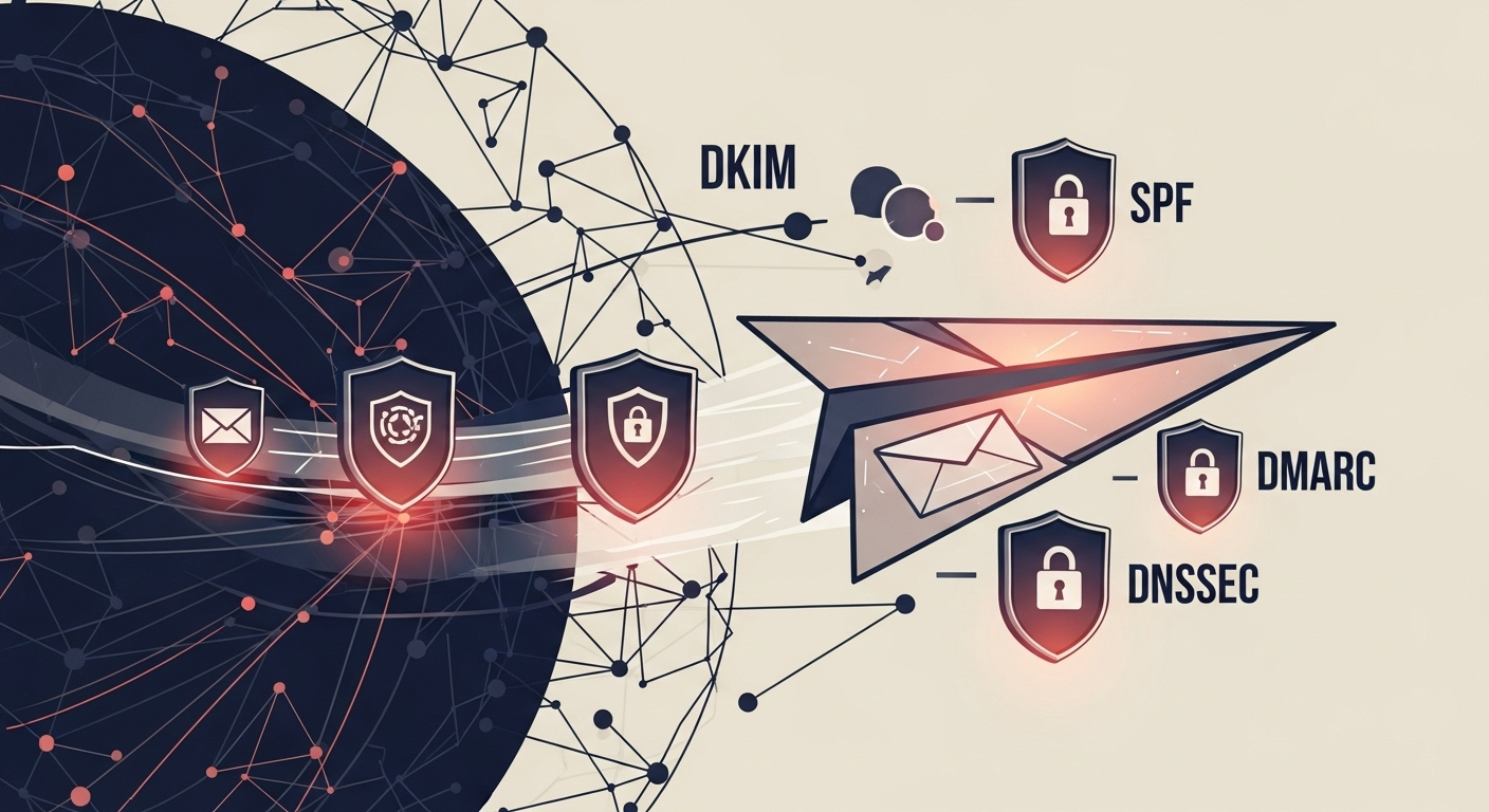 Abstract illustration of a secure email with DKIM, SPF, DMARC, and DNSSEC security layers.
