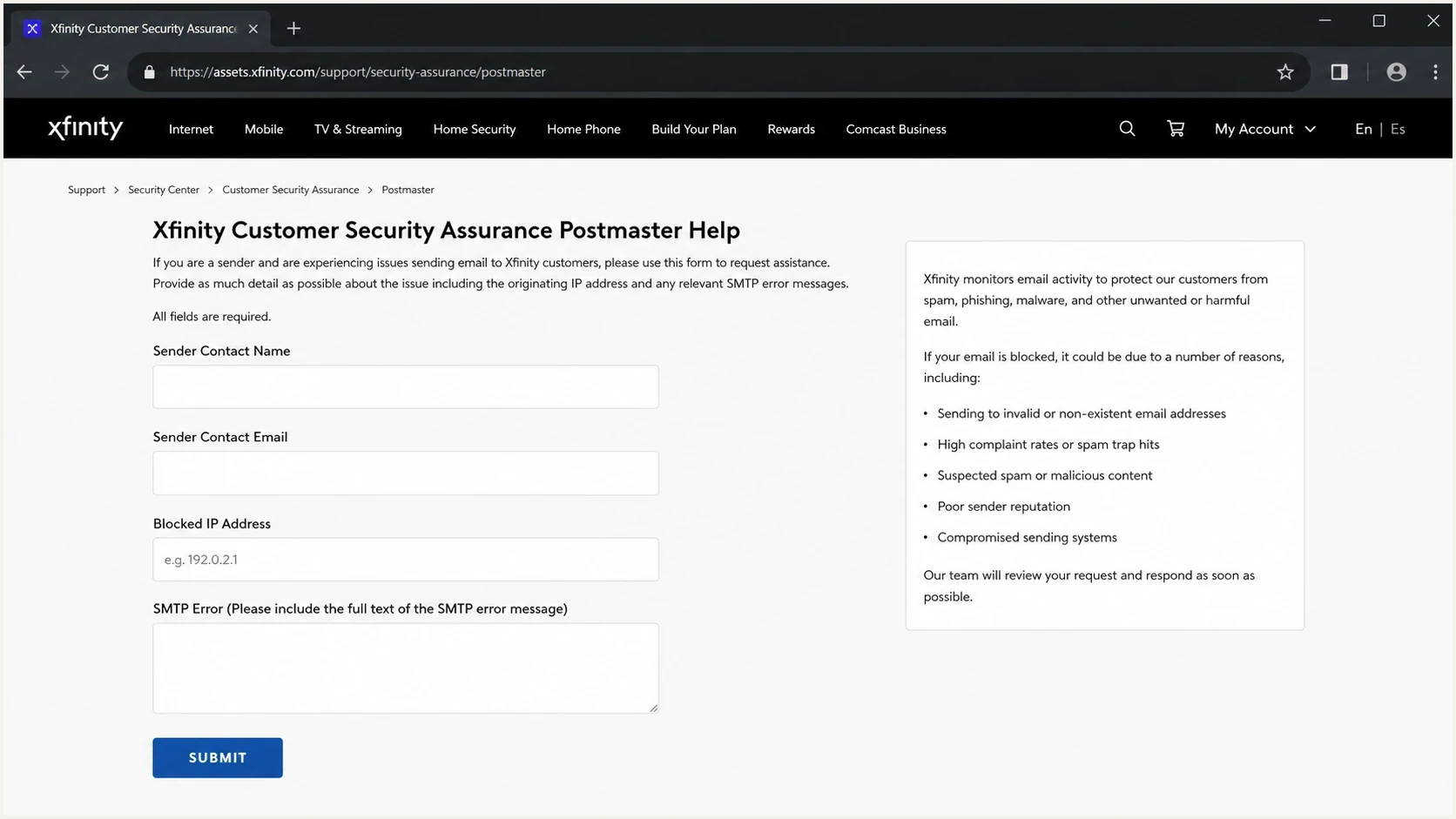 Screenshot-style view of an Xfinity postmaster help page for blocked sender review.