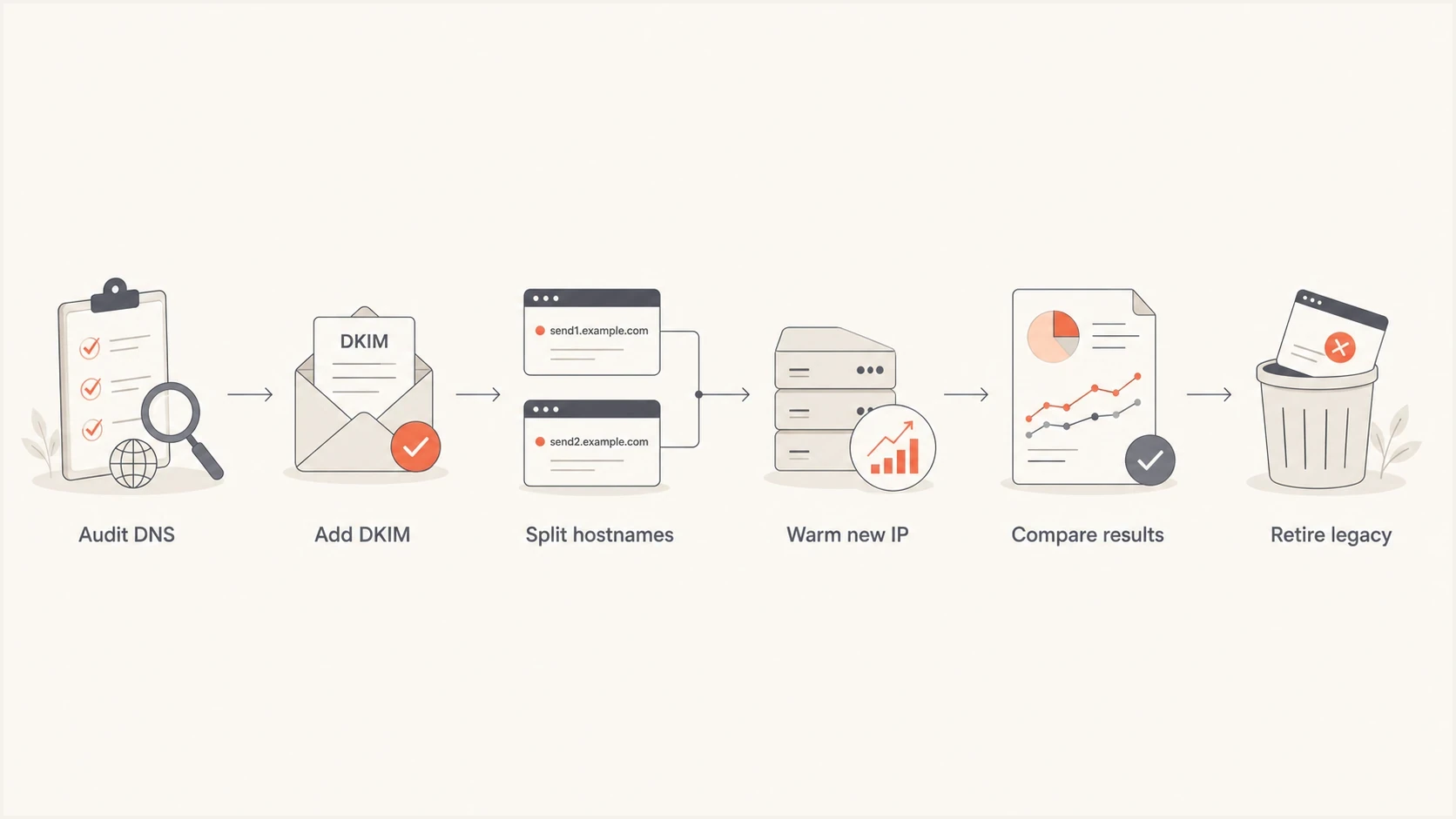 Flowchart showing DNS audit, DKIM setup, hostname separation, IP warmup, results comparison, and legacy retirement.