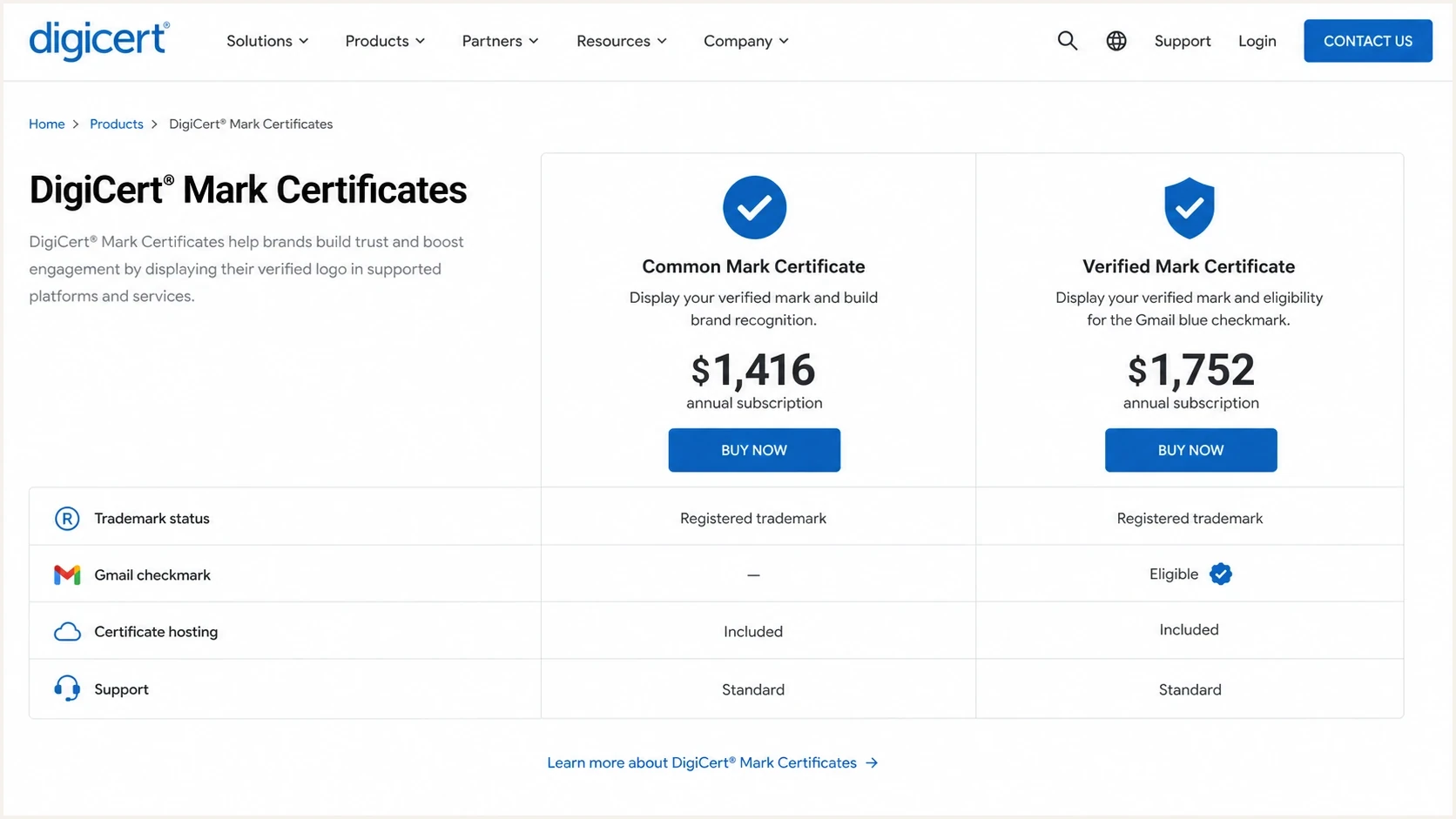DigiCert Mark Certificates comparison screen with CMC and VMC options.