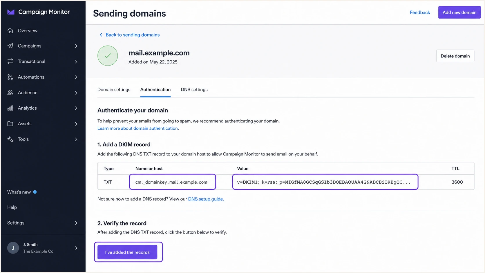 Campaign Monitor generated DKIM TXT record