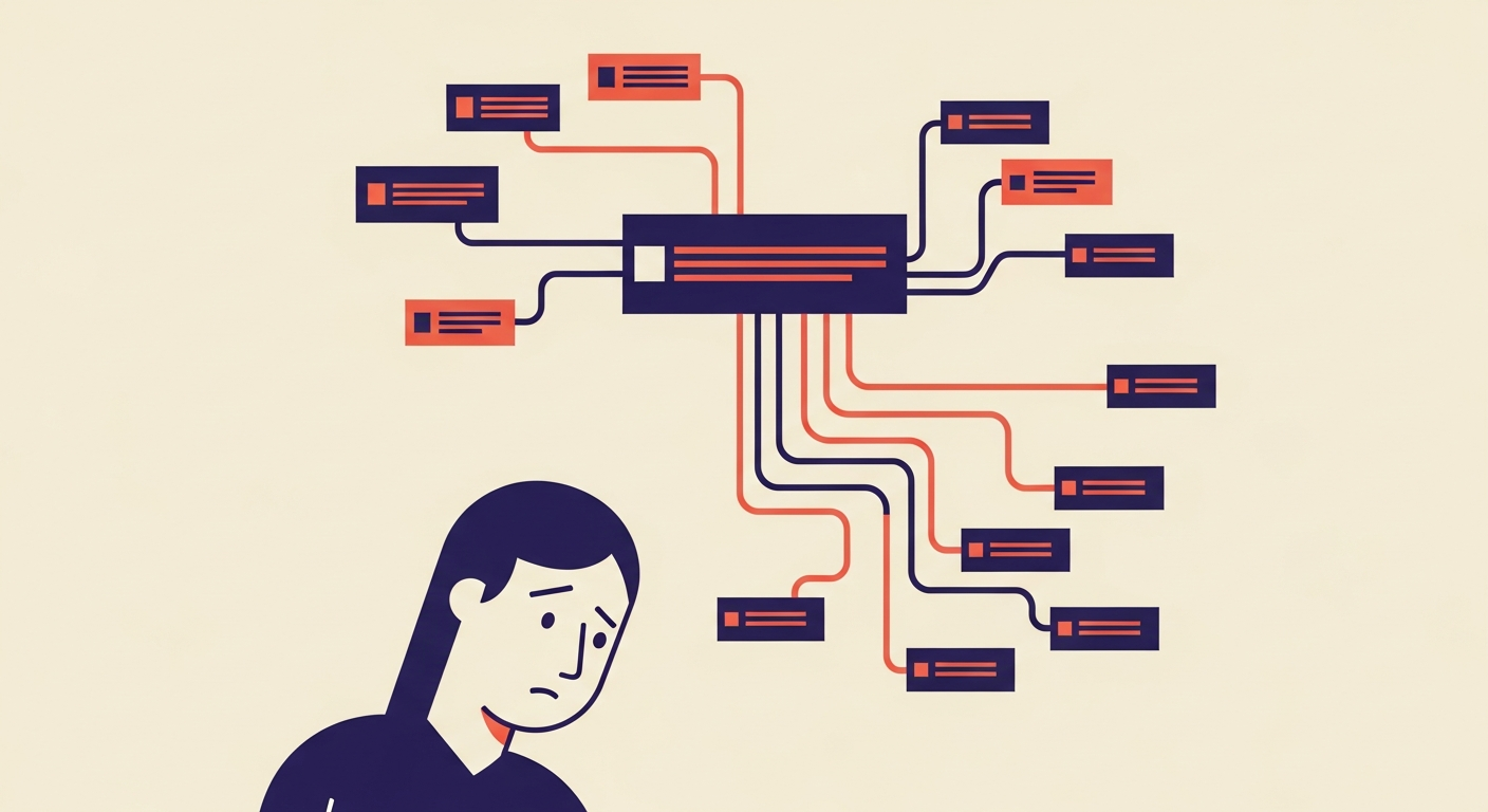 Illustration of a person looking at DNS records, with a main record for the root domain and smaller records for subdomains.