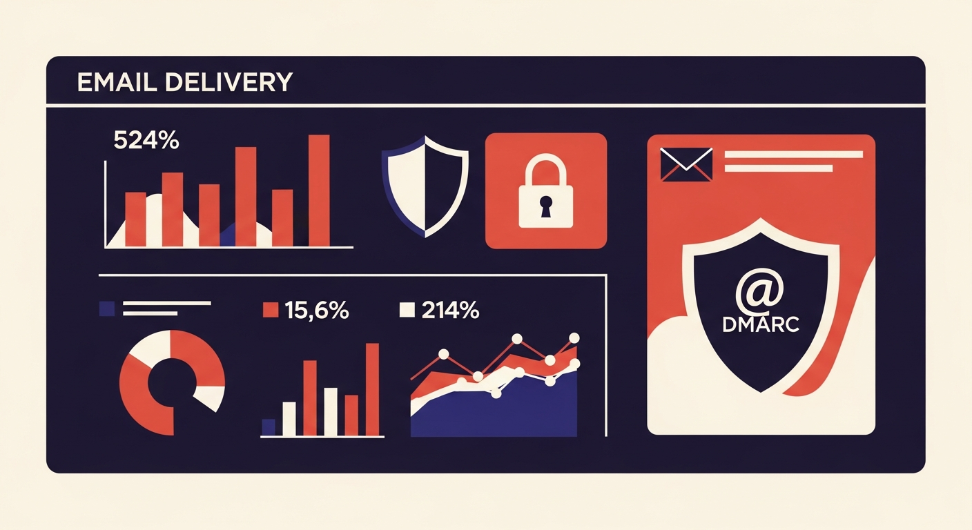 A dashboard displaying various charts and graphs related to email deliverability and DMARC authentication.