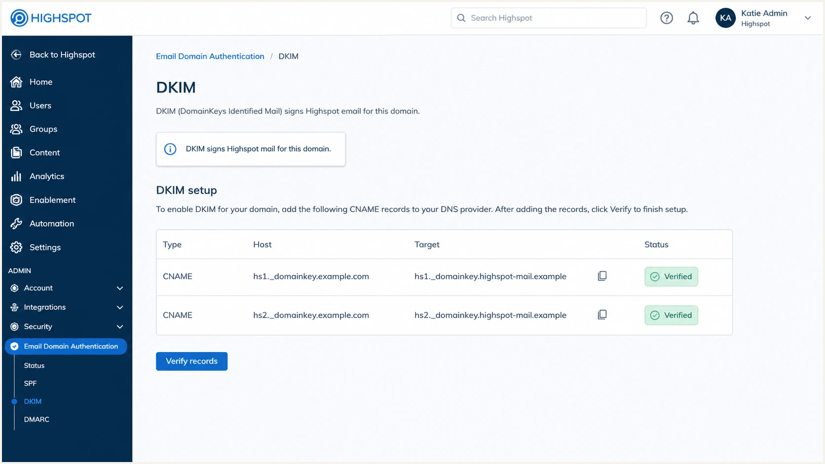 Highspot DKIM selector records verified in the admin panel.