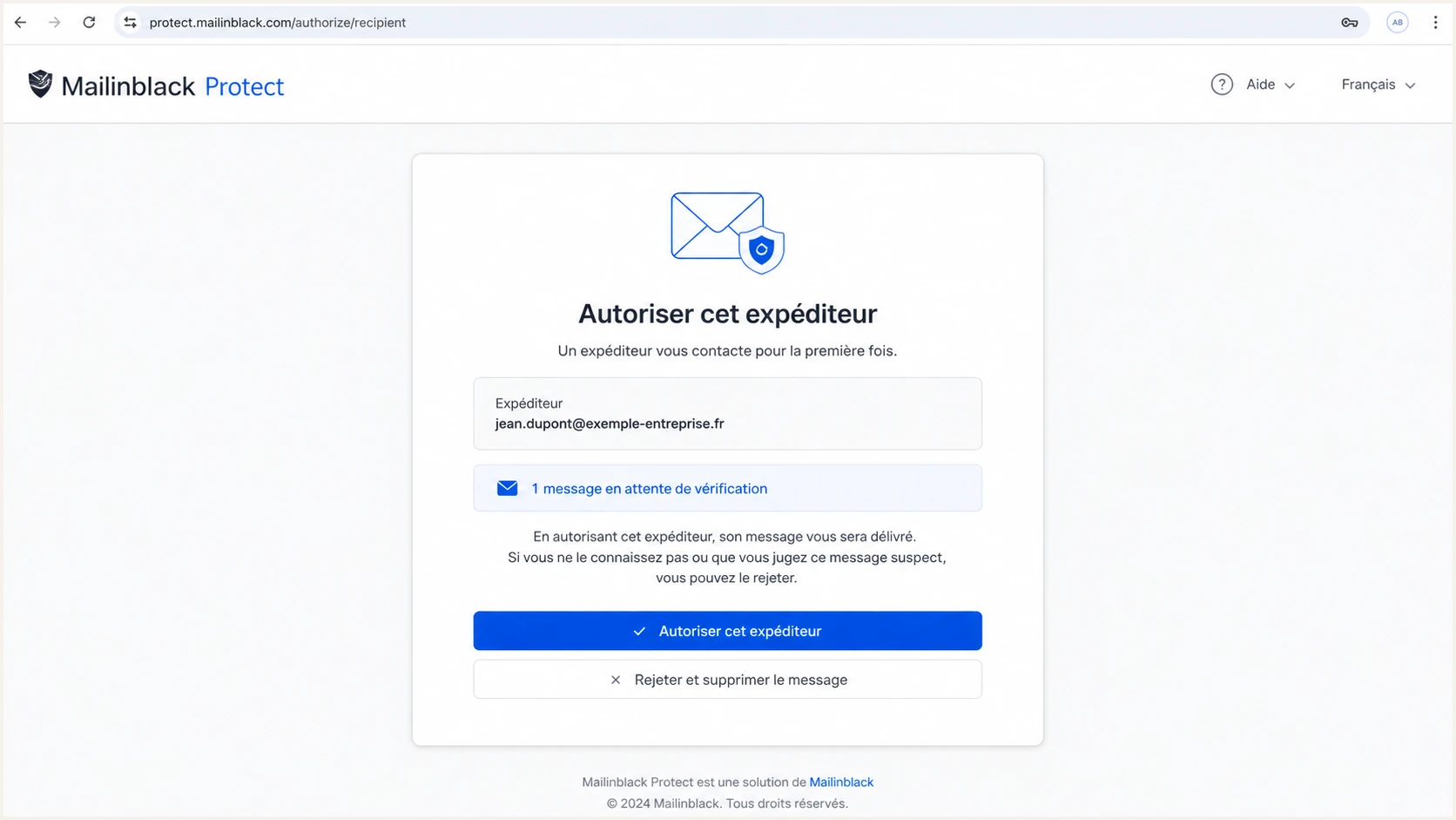 Mailinblack Protect sender verification screen for a held first-contact email.