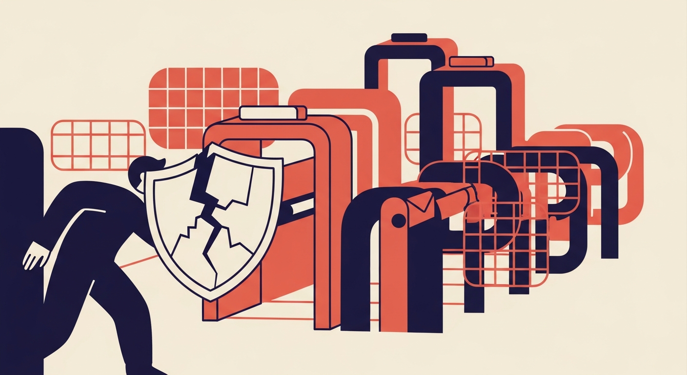 An illustration of an email with a broken SPF record trying to bypass a multi-layered security checkpoint.