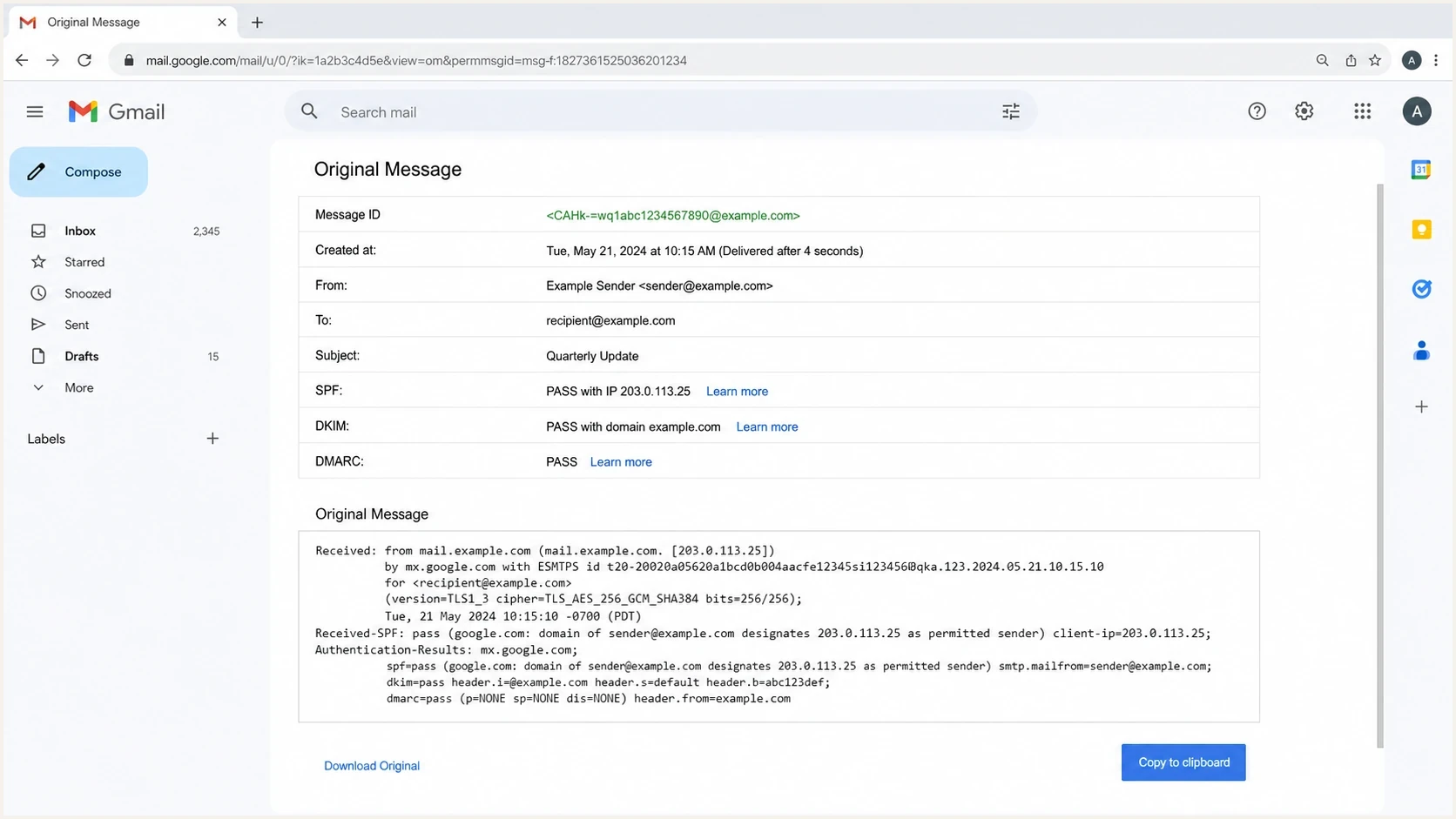 Gmail Show original authentication results with SPF, DKIM, DMARC, and the sending IP.