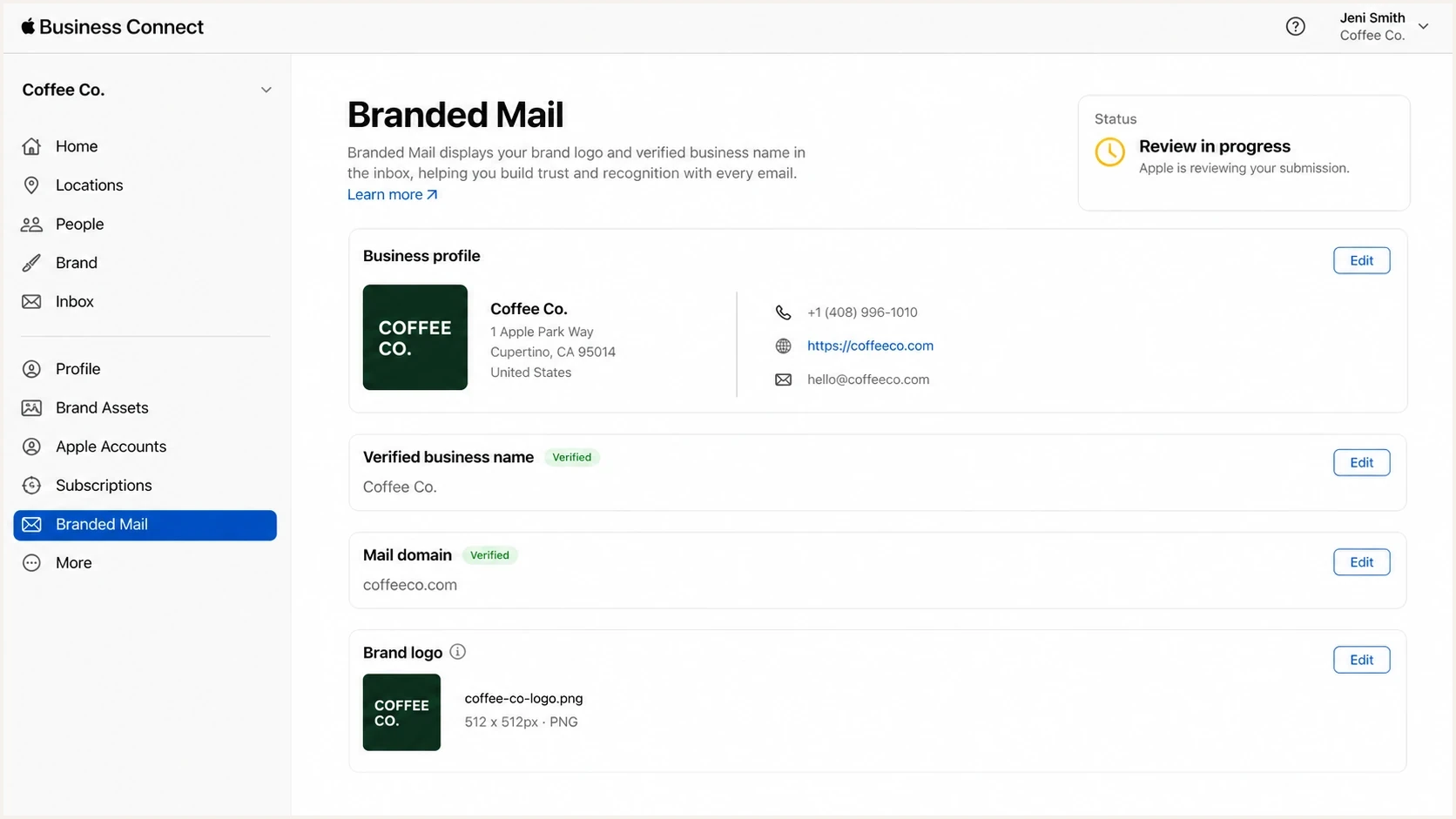 Apple Business Connect Branded Mail setup screen with domain and logo review.