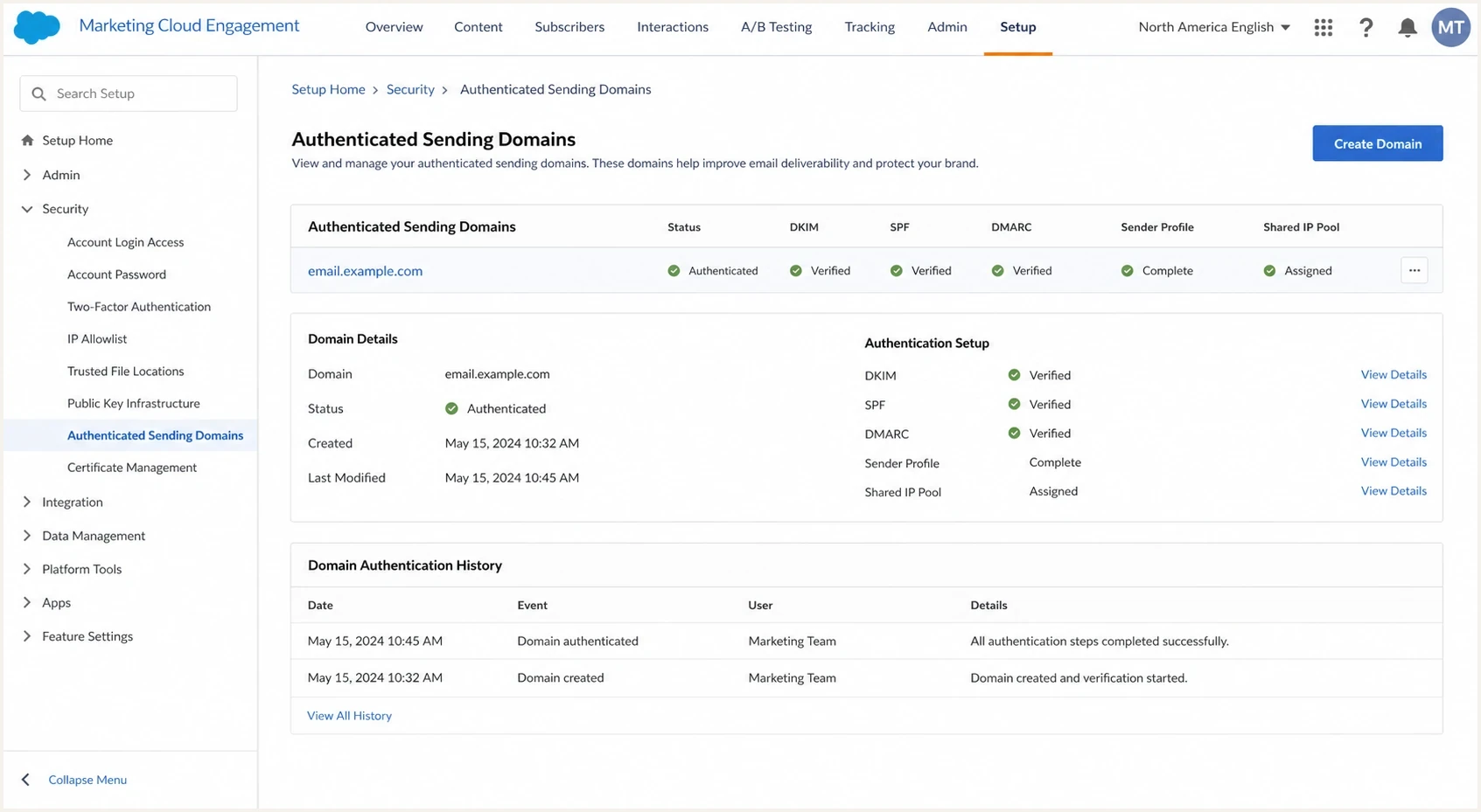 Salesforce Marketing Cloud Engagement authenticated sending domain setup.
