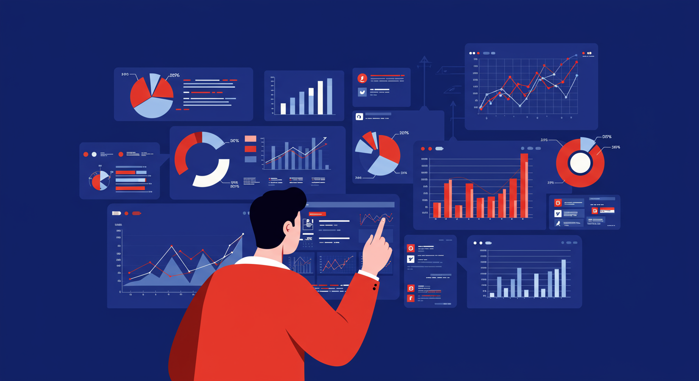 A minimalist illustration of a person looking at a complex dashboard with charts and graphs, representing data analysis. The style of the images should be A minimalist retro illustration in the style of Malika Favre. Dominant colors are bright poppy red and deep royal blue. Vector art, high contrast. Do not put any words in the image or alphanumeric characters. 