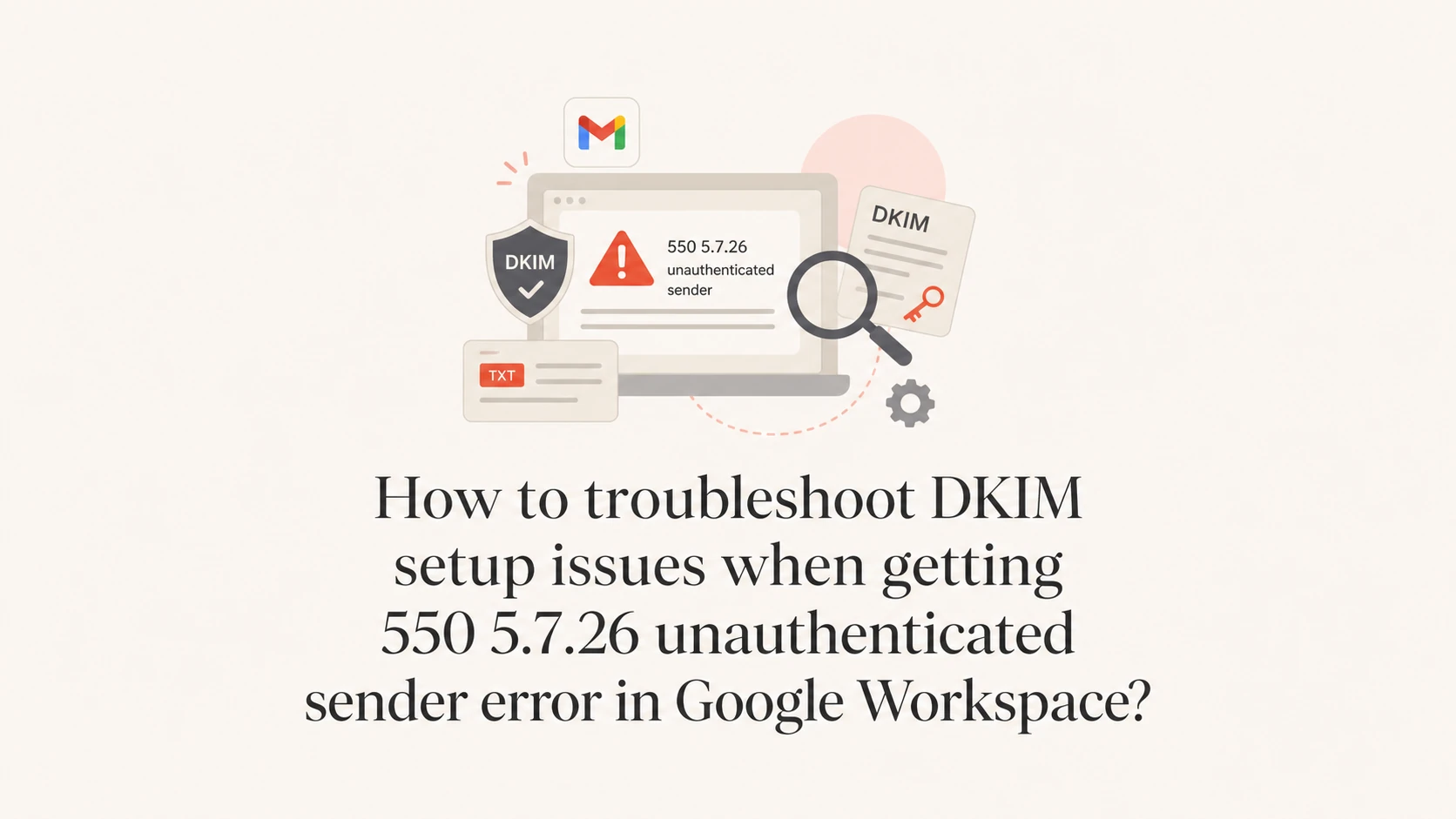 Google Workspace DKIM troubleshooting thumbnail for a 550 5.7.26 sender authentication error.