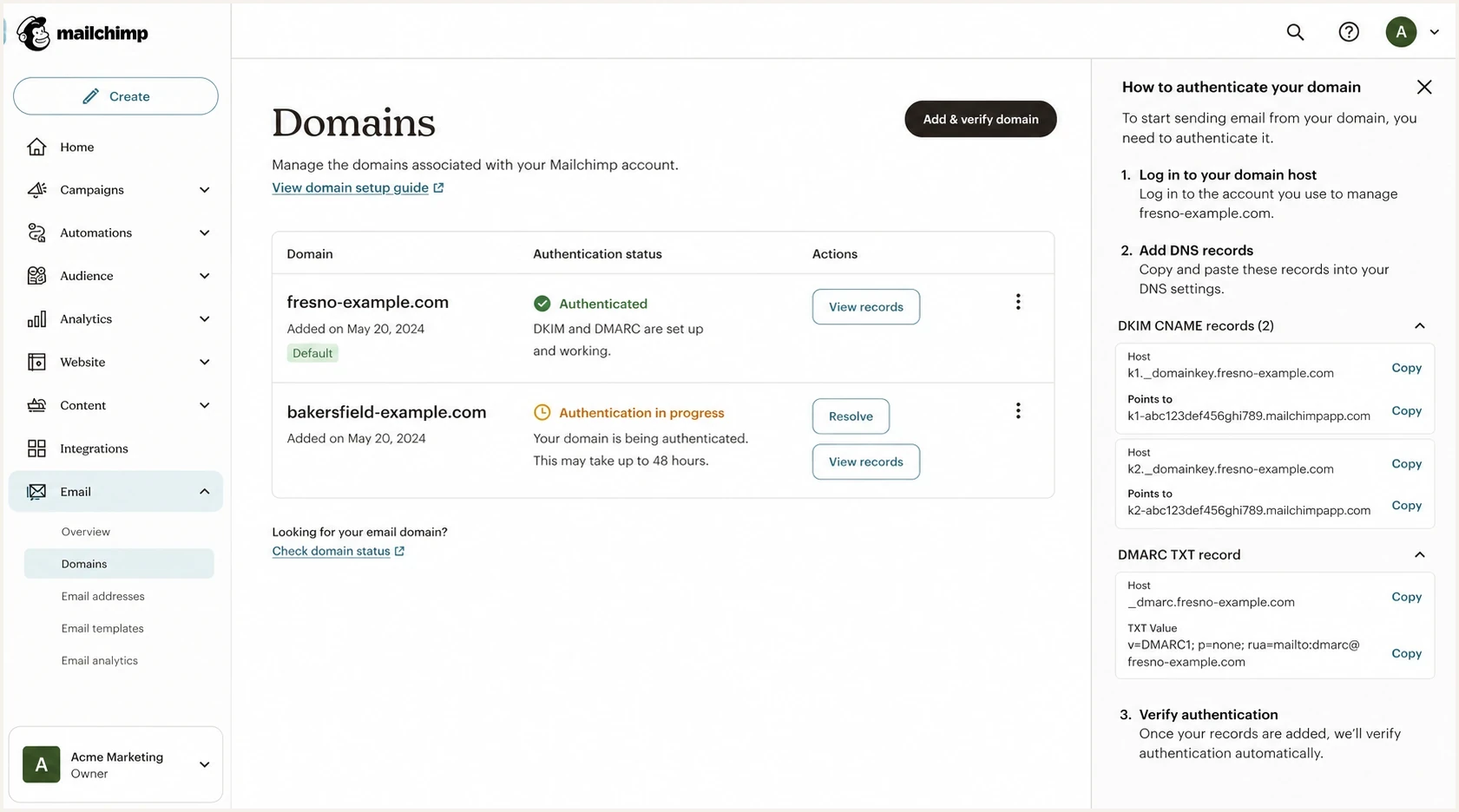 Mailchimp Domains page showing two sending domains with different authentication states.