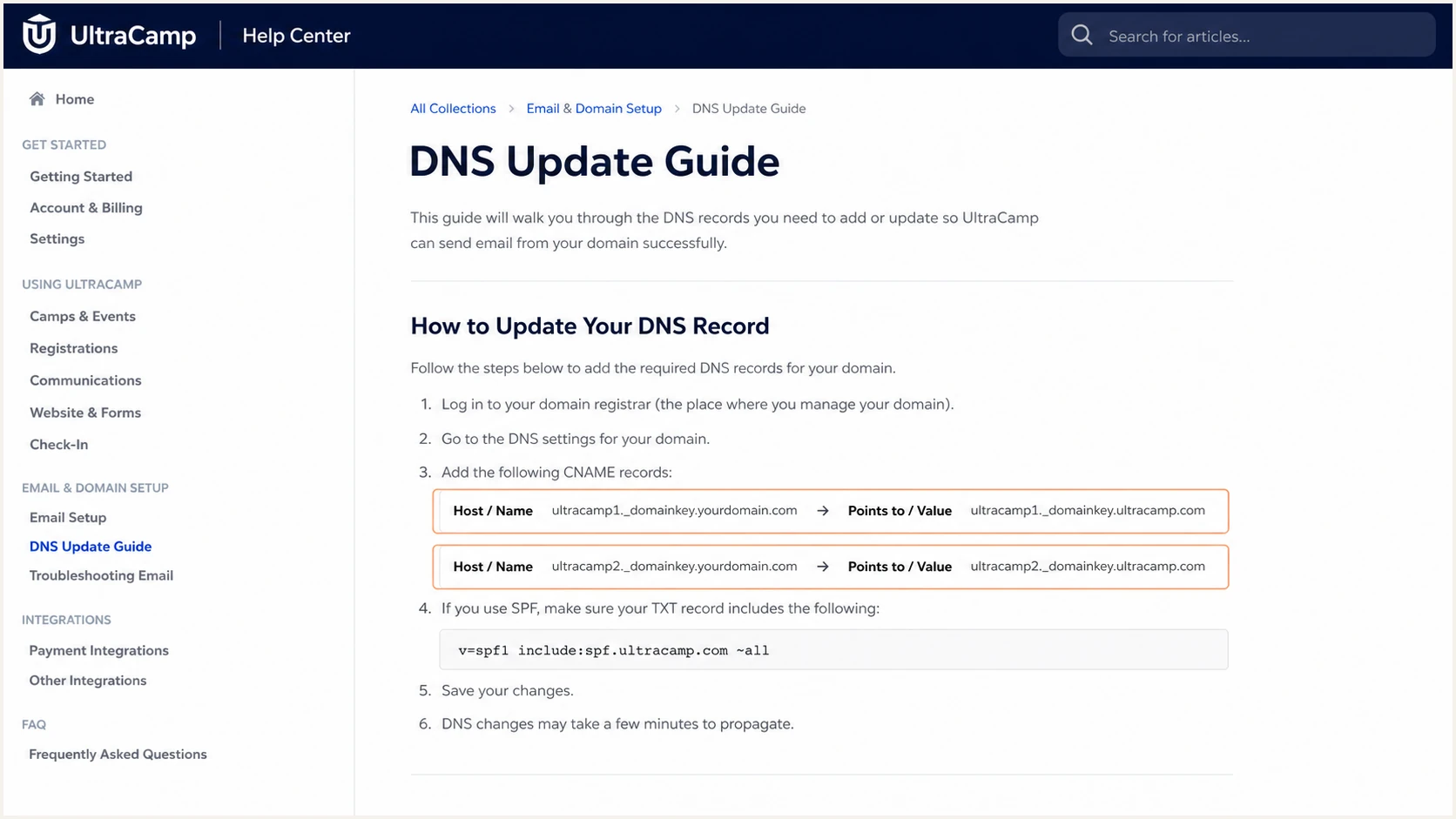 UltraCamp DNS guide showing both DKIM CNAME mappings