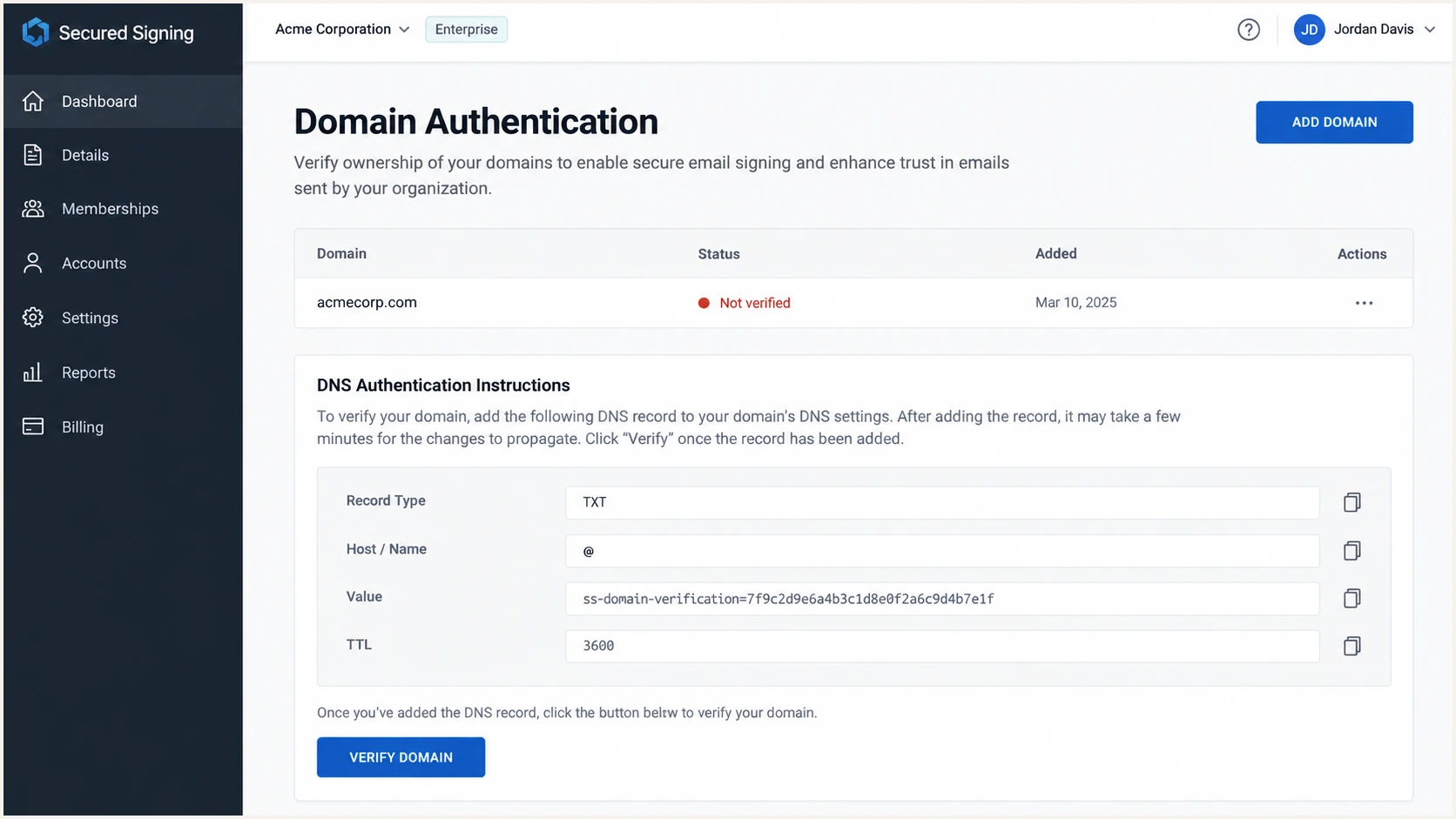Secured Signing Domain Authentication page with Add Domain and an unverified domain.