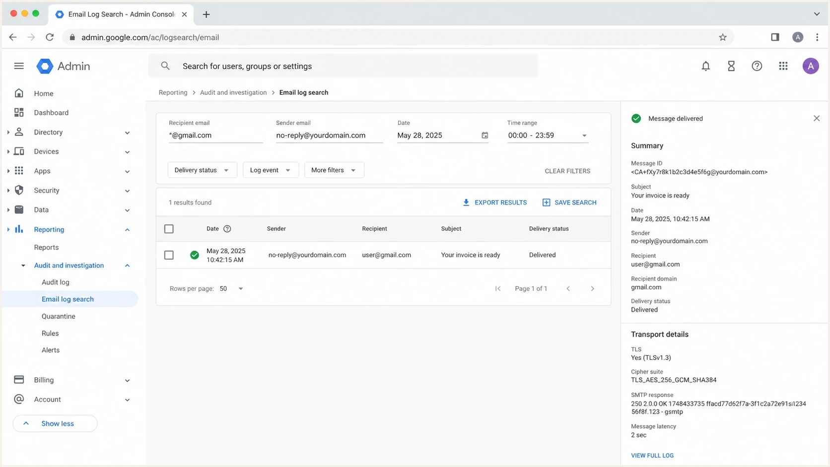 Google Admin Console email log search showing Gmail delivery troubleshooting details.