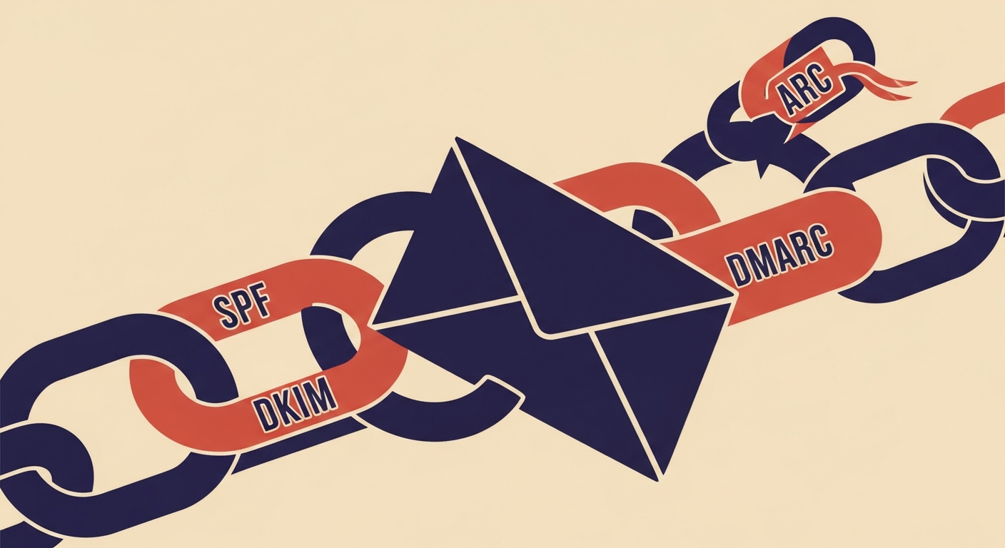 An illustration showing an email envelope flowing through a chain of interlocking links representing SPF, DKIM, and DMARC, with ARC as a complementary link.