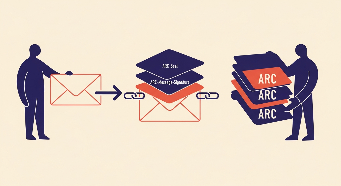 Diagram showing an email's ARC chain as it is forwarded through multiple servers.