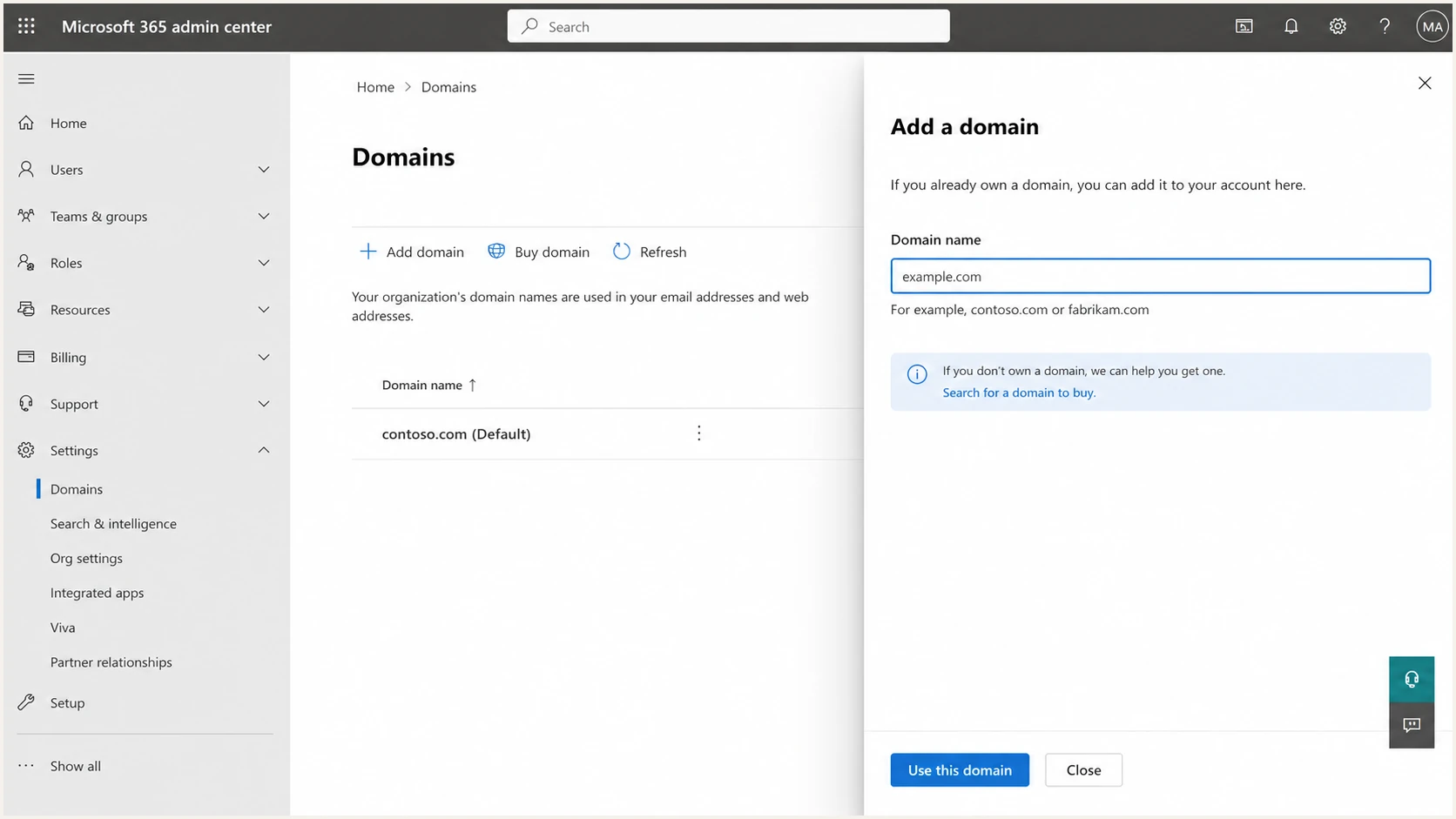 Adding example.com in Microsoft 365 Admin Center