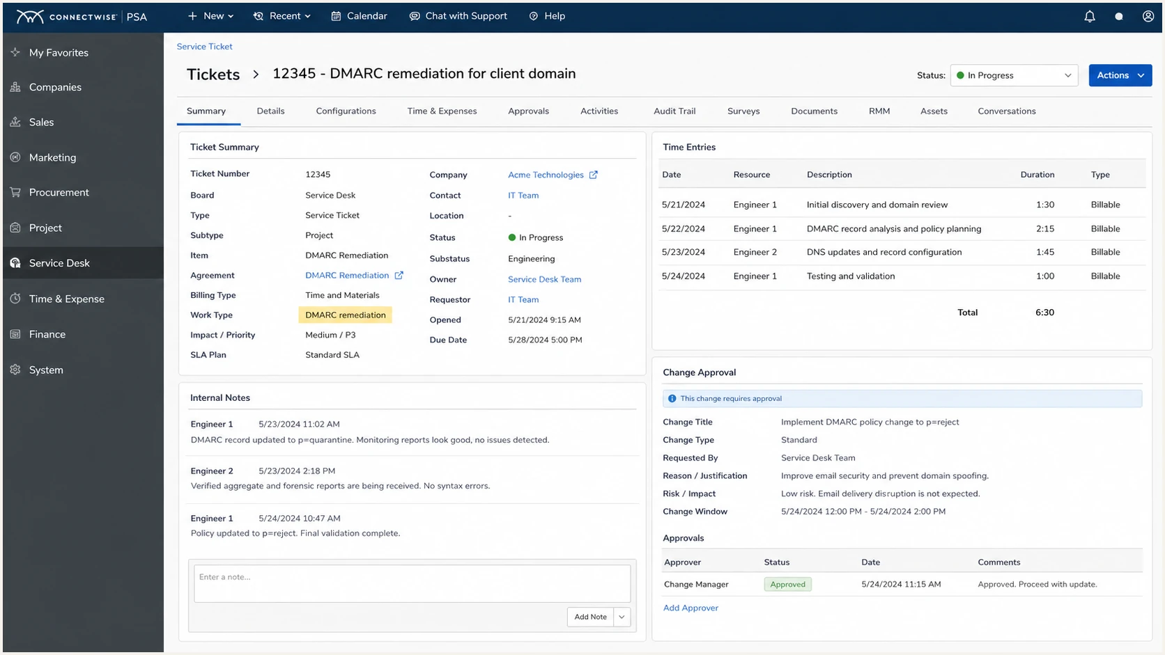 A PSA ticket separates DMARC remediation work from recurring monitoring.
