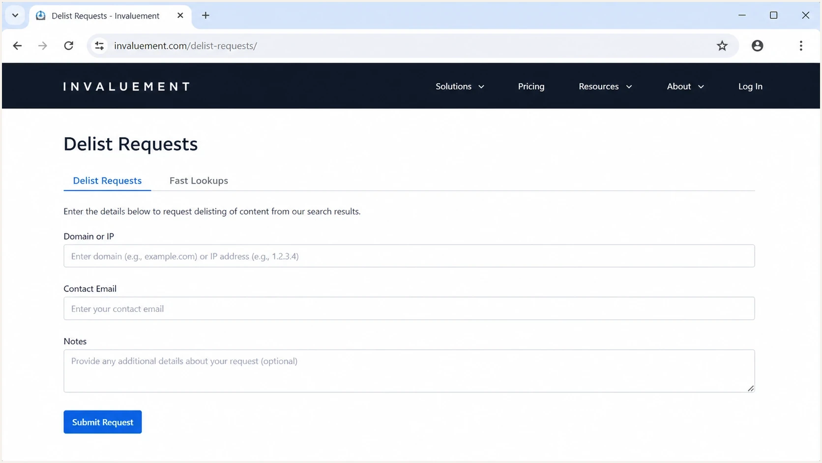 Screenshot-style view of the Invaluement delist request workflow.