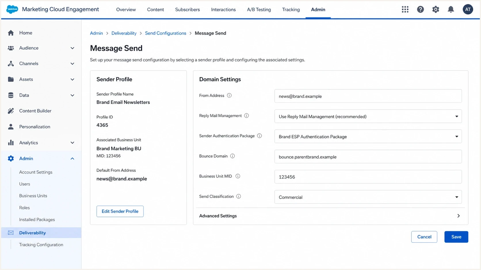 Salesforce Marketing Cloud Engagement sender settings with From and bounce domains.