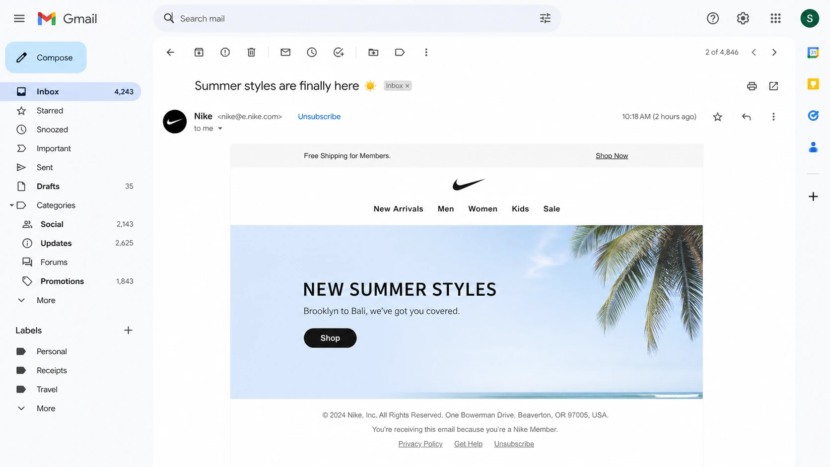 Gmail message view showing a header unsubscribe action and a separate footer link.