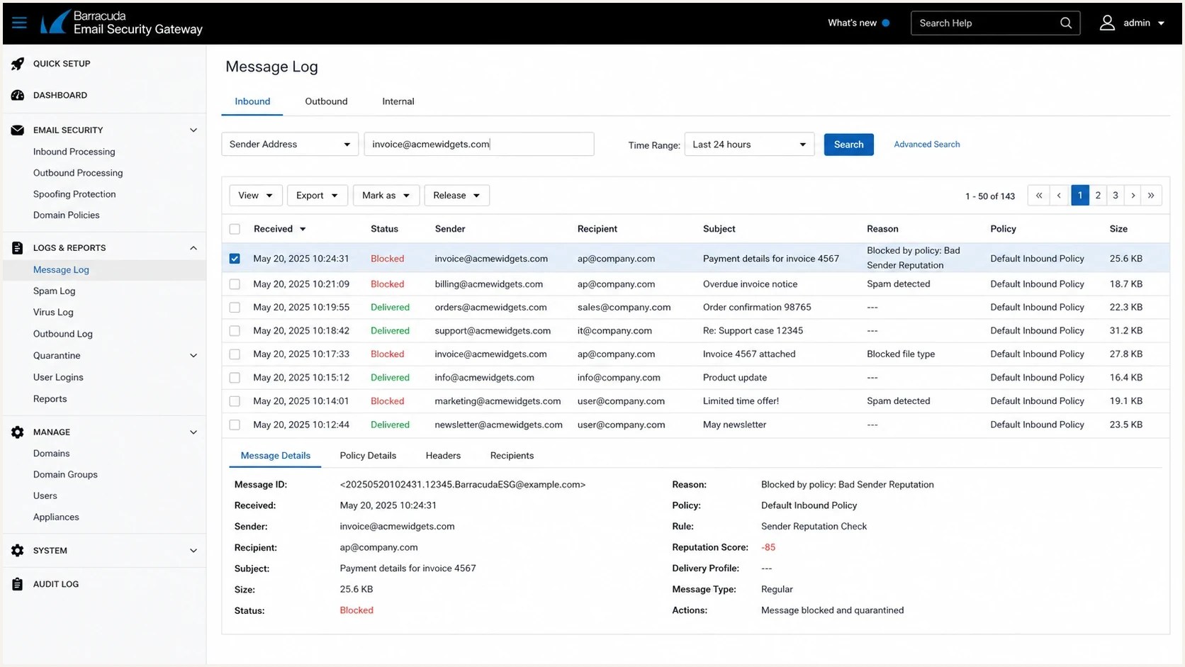 Barracuda Email Security Gateway message log showing a blocked message reason.