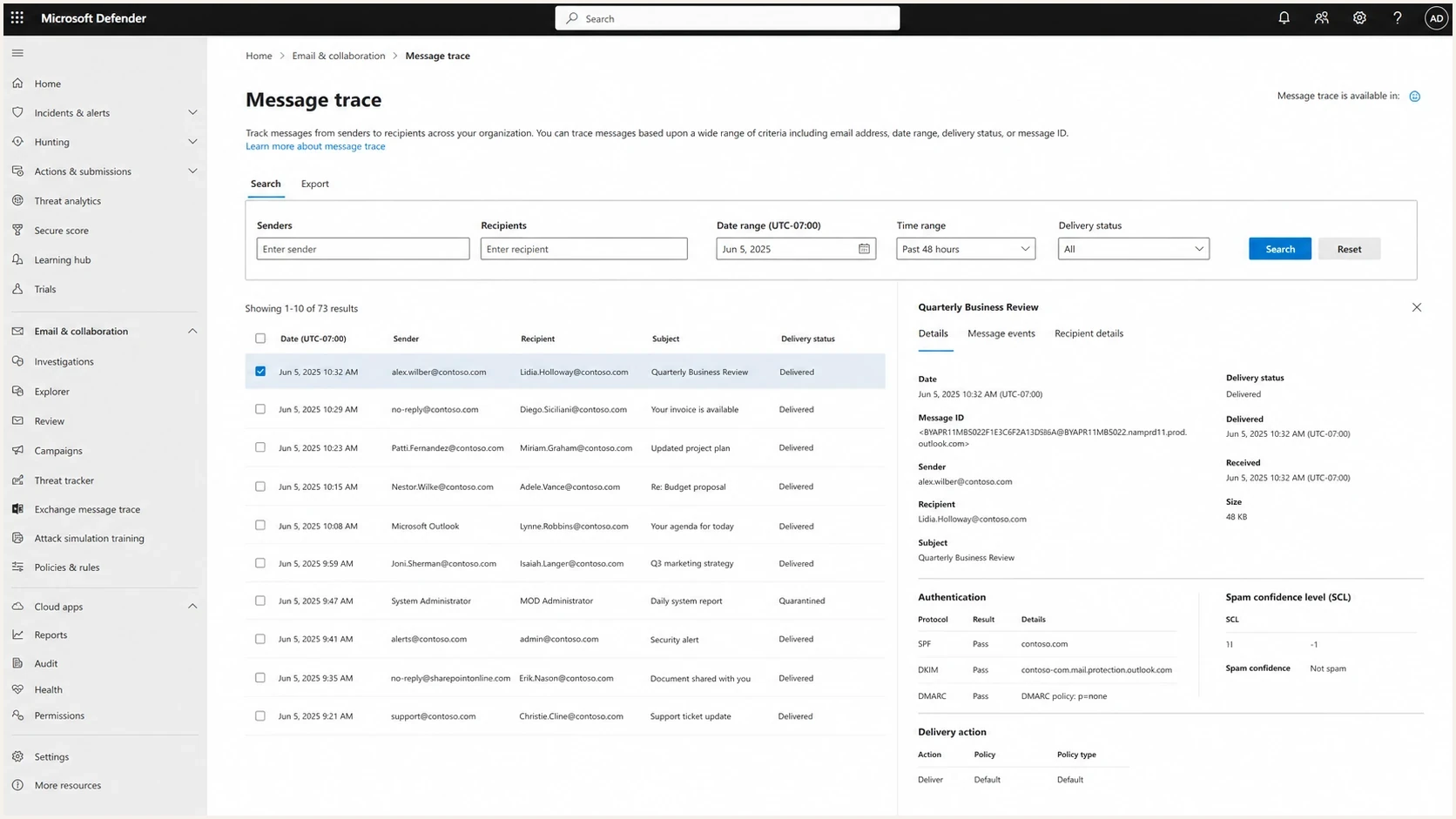Microsoft Defender portal message trace screen showing delivery status and authentication details.