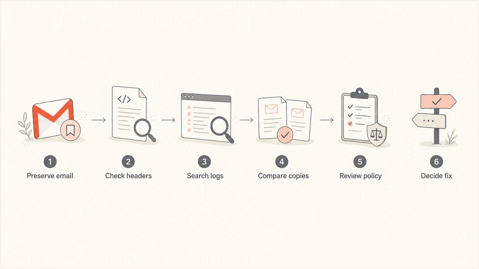 A six-step workflow for investigating a Gmail internal warning.