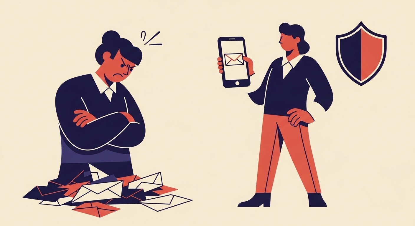 Two people, one frustrated by failed emails, the other confident with a shield representing secure emails