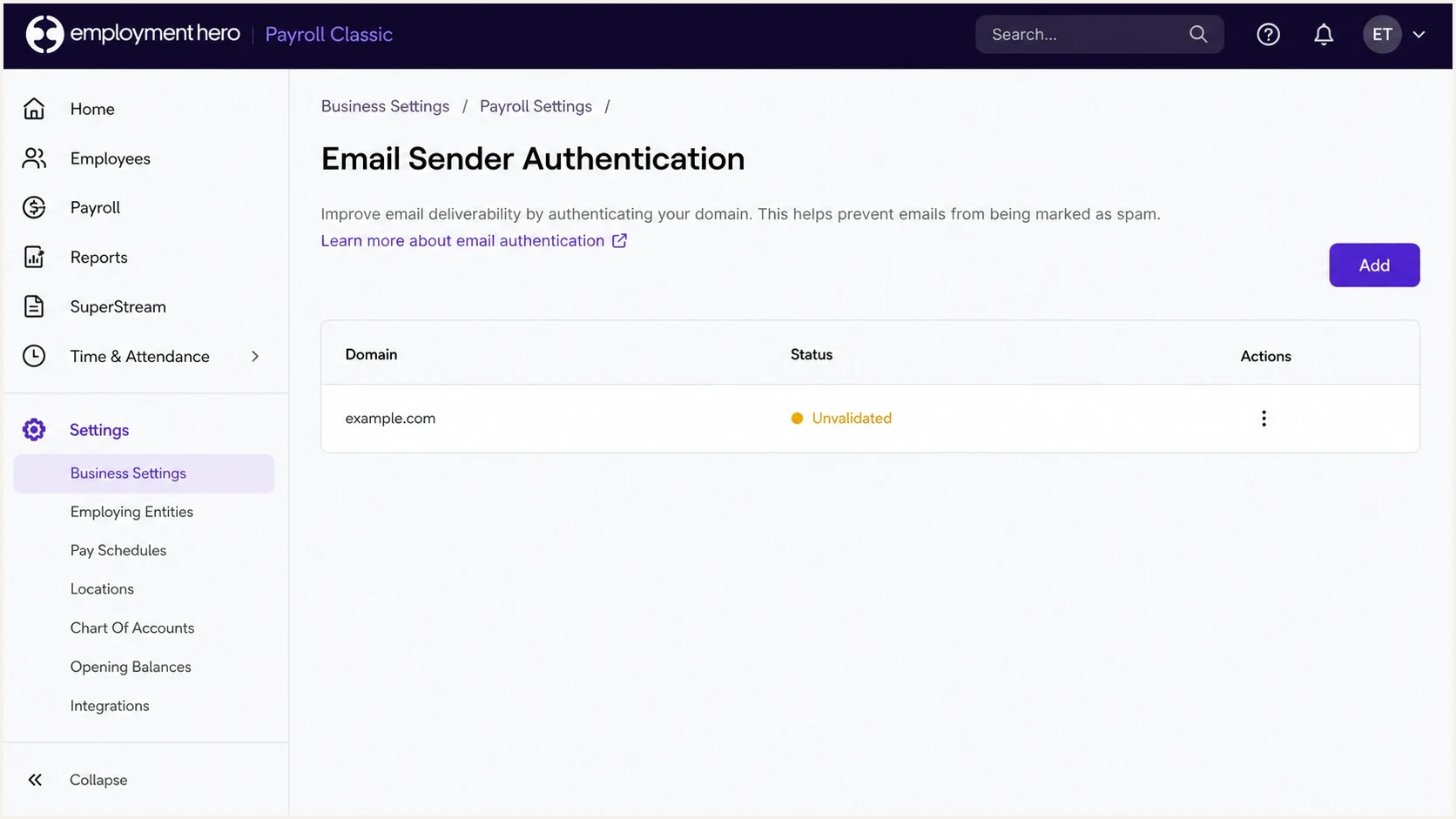 Employment Hero Payroll classic Email Sender Authentication page with an unvalidated domain.