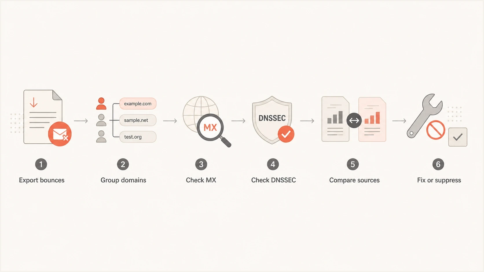 Six-step flowchart for diagnosing email DNS failures and hard bounces.