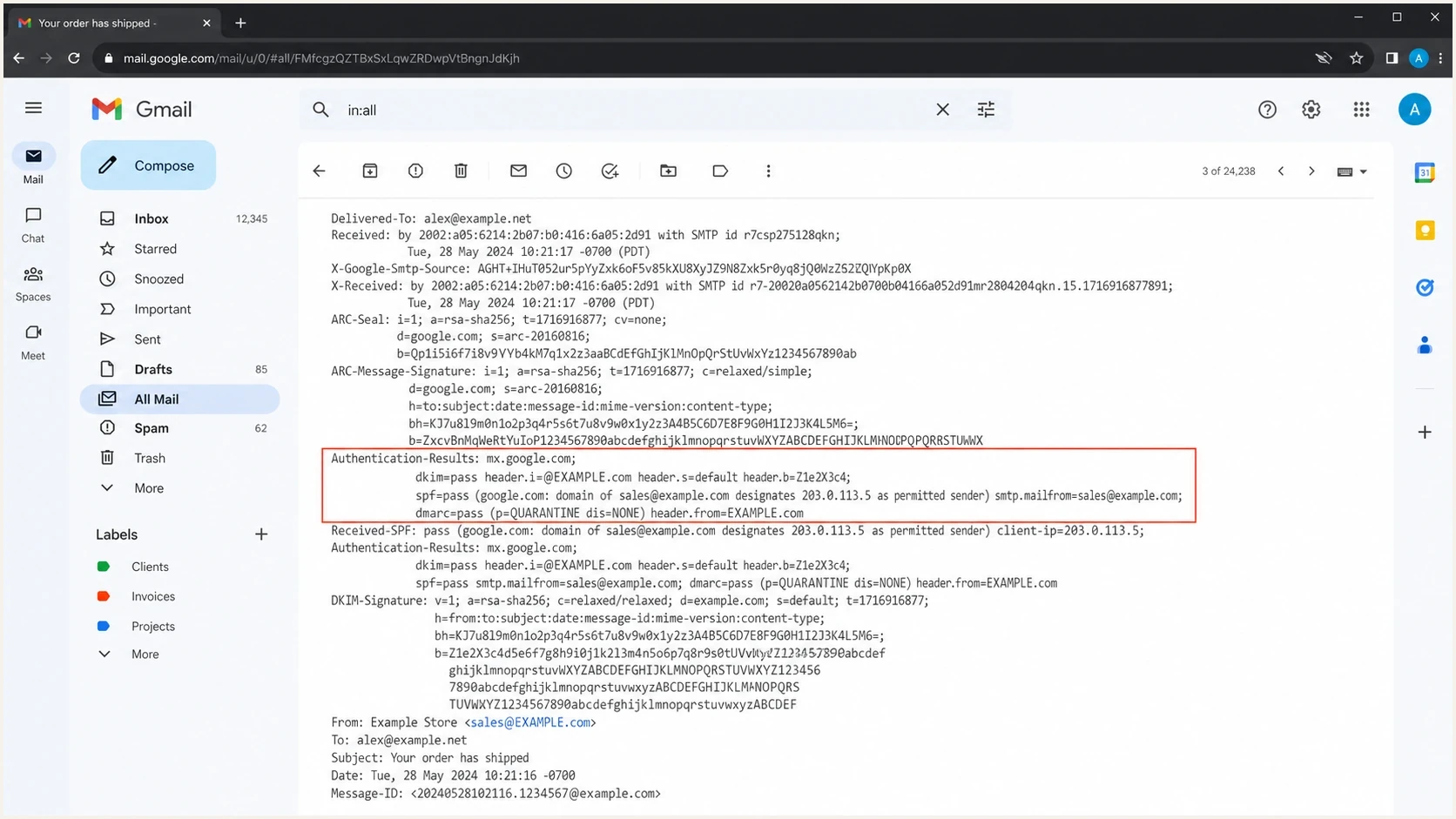 Gmail message details showing DKIM pass despite different case in DKIM domain fields.