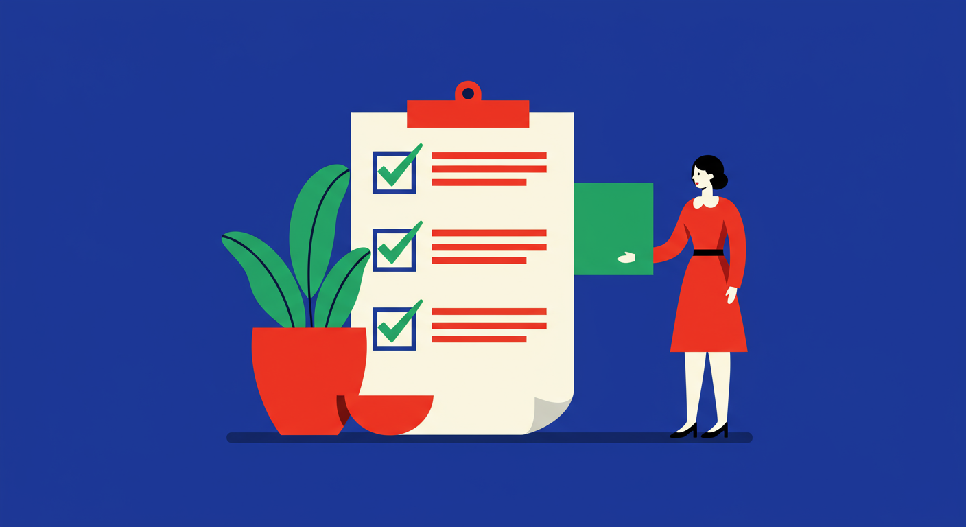 A minimalist retro illustration of a checklist with green checkmarks next to items. Dominant colors are bright poppy red and deep royal blue. Vector art, high contrast. No words or alphanumeric characters in the image.