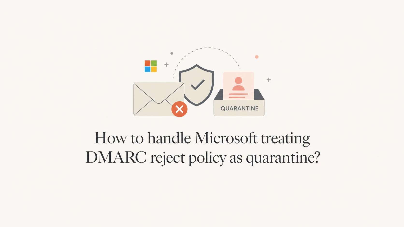 Microsoft DMARC reject policy shown as a mail shield and quarantine tray.