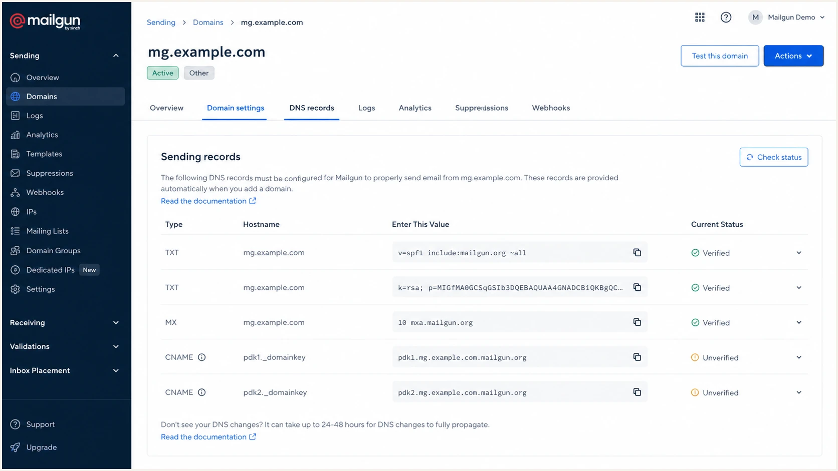 Mailgun Automatic Sender Security DKIM CNAME records
