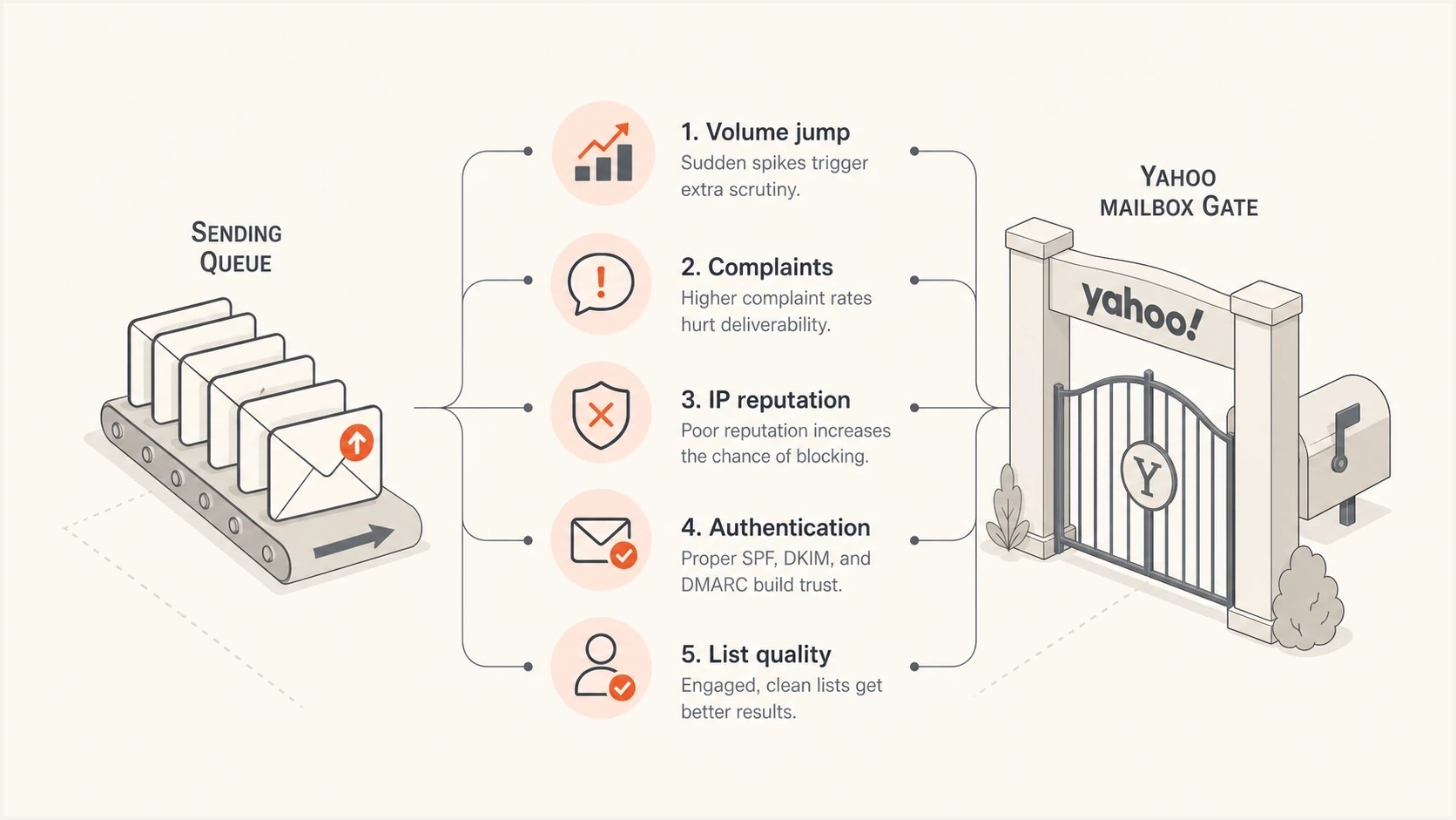Common causes of Yahoo TSS04 deferrals: volume jumps, complaints, IP reputation, authentication, and list quality.